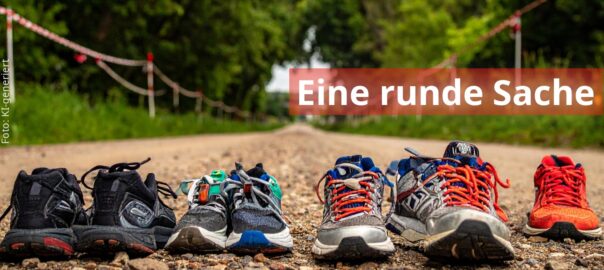 Bunte Laufturnschuhe stehen in einer Reihe auf einem sandigen Waldweg. Links und rechts sperren Flatterbänder die Laufstrecke ab. (Bild KI-generiert)