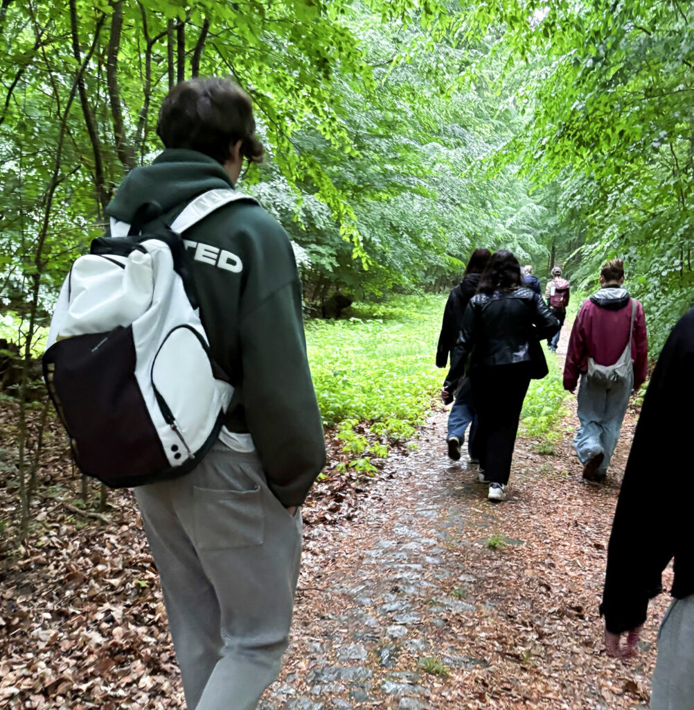 Die Exkursions-Gruppe auf einem Waldweg.